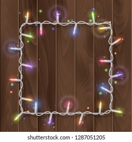Christmas lights border vector, light string frame isolated on dark background with copy space. Glowing White lights for Xmas Holiday greeting card design. Vector illustration