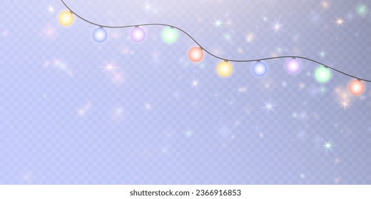 Christmas lights. Bright golden Christmas glowing garlands with sparks and glare. For congratulations, advertising invitations design, web banners.