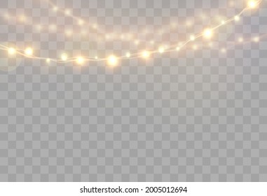 Christmas lights. Bright Xmas garland. Vector glow light bulbs on wire strings.