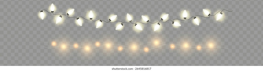 Christmas lights. Bright Xmas garland. Vector glow light bulbs on wire strings.