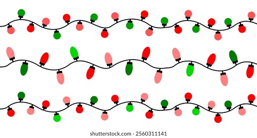 Christmas lights bulb decorative. Multicolored bulbs on strand with red and green colour. Xmas light. Vector illustration strings of christmas lights round shape. Happy new year holiday greeting card