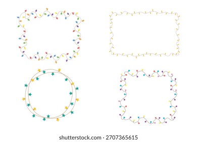 Navidades bombilla de luces, set marcos decoraciones para tarjeta de felicitación. Ilustración vectorial plana para el diseño