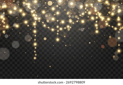 Navidades de bombillas con efecto bokeh. Cadena de guirnaldas brillantes. Luces de fiesta de Año Nuevo, decoraciones navideñas. Elemento de temporada de vacaciones de invierno. Ilustración vectorial aislada en png