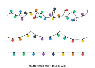 Christmas lights bulbs. Colorful christmas lights bulbs isolated on white background. Color garlands. Lights bulbs in simple trendy flat design. Christmas illustrtation. Vector illustrtation