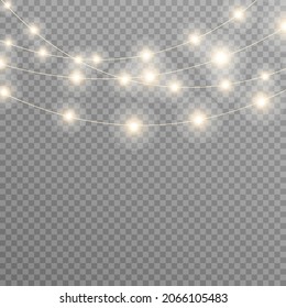 Christmas Lights, Lights Bulbs, Glowing Garlands String, New Year's Party Lights Decoration, Holiday Decorations On A Brick Wall. Separated Editable Elements Under Masks. Vector Illustration On Png.