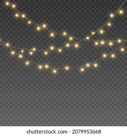 Christmas Lights, Lights Bulbs, Glowing Garlands String. New Year's Party Lights, Holiday Decorations. Party Event Decoration, Winter Holiday Season Element. Vector Illustration On Png.