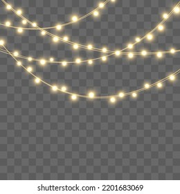 Christmas lights, lights bulbs, glowing garlands string. New Year's party lights, holiday decorations. Party event decoration, winter holiday season element. Vector illustration on png.