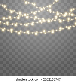 Christmas lights, lights bulbs, glowing garlands string. New Year's party lights, holiday decorations. Party event decoration, winter holiday season element. Vector illustration on png.