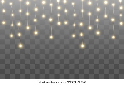 Christmas lights, lights bulbs, glowing garlands string. New Year's party lights, holiday decorations. Party event decoration, winter holiday season element. Vector illustration on png.
