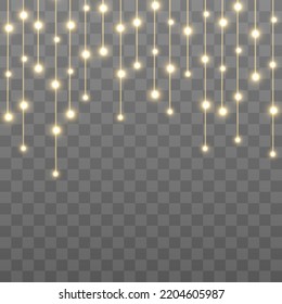 Christmas lights, lights bulbs, glowing garlands string. New Year's party lights, holiday decorations. Party event decoration, winter holiday season element. Vector illustration on png.