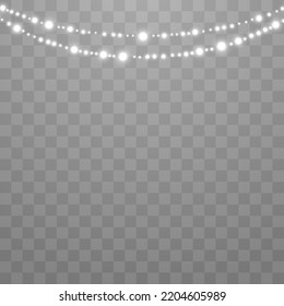 Christmas lights, lights bulbs, glowing garlands string. New Year's party lights, holiday decorations. Party event decoration, winter holiday season element. Vector illustration on png.