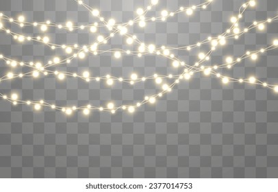 Christmas lights, lights bulbs, glowing garlands string. New Year's party lights, holiday decorations. Party event decoration, winter holiday season element. Vector illustration on png.