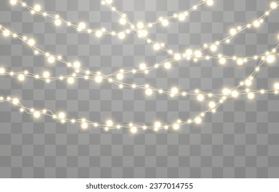 Christmas lights, lights bulbs, glowing garlands string. New Year's party lights, holiday decorations. Party event decoration, winter holiday season element. Vector illustration on png.