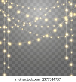 Christmas lights, lights bulbs, glowing garlands string. New Year's party lights, holiday decorations. Party event decoration, winter holiday season element. Vector illustration on png.