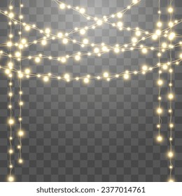 Christmas lights, lights bulbs, glowing garlands string. New Year's party lights, holiday decorations. Party event decoration, winter holiday season element. Vector illustration on png.