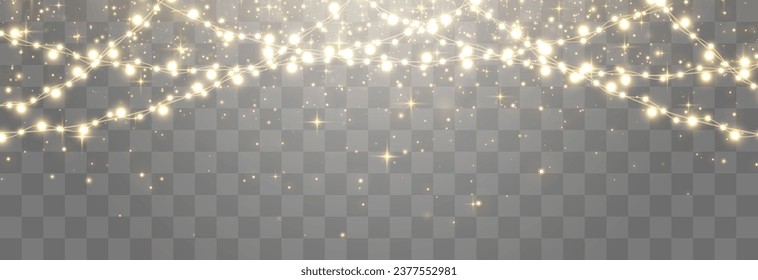 Christmas lights bulbs, glowing garlands string. New Year's party lights, holiday decorations. Winter holiday season element. Vector illustration isolated on png