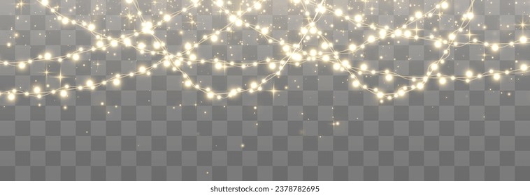 Christmas lights bulbs, glowing garlands string. New Year's party lights, holiday decorations. Winter holiday season element. Vector illustration isolated on png