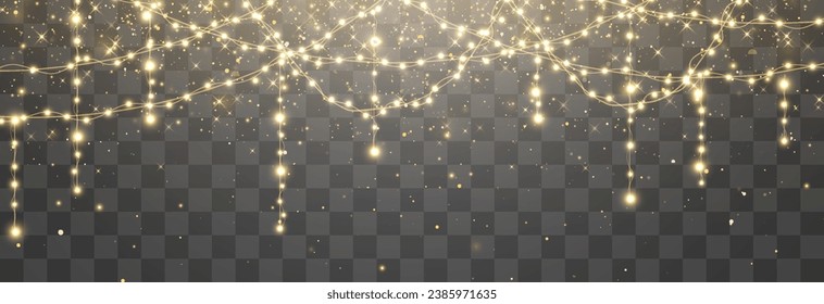 Christmas lights, lights bulbs, glowing garlands string. New Year's party lights, holiday decorations. Party event decoration, winter holiday season element. Vector illustration isolated on png.