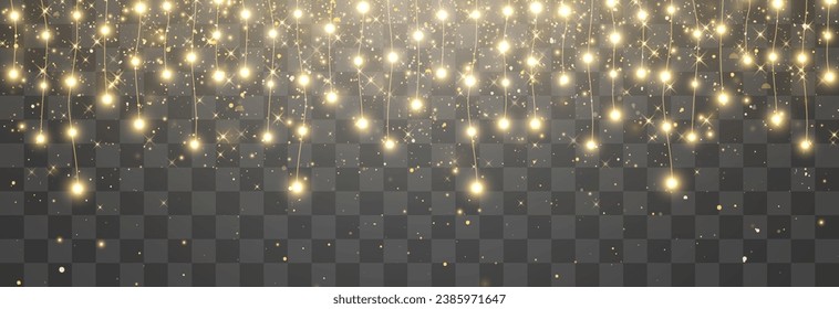 Christmas lights, lights bulbs, glowing garlands string. New Year's party lights, holiday decorations. Party event decoration, winter holiday season element. Vector illustration isolated on png.