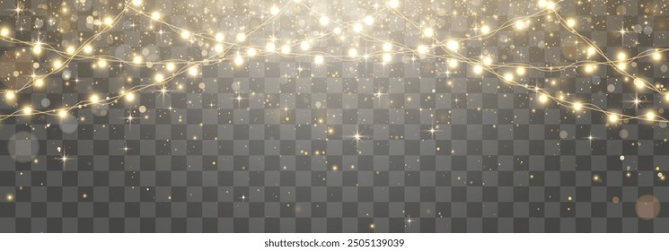 Christmas lights bulbs, glowing garlands string. New Year's party lights, holiday decorations. Winter holiday season element. Vector illustration isolated on png