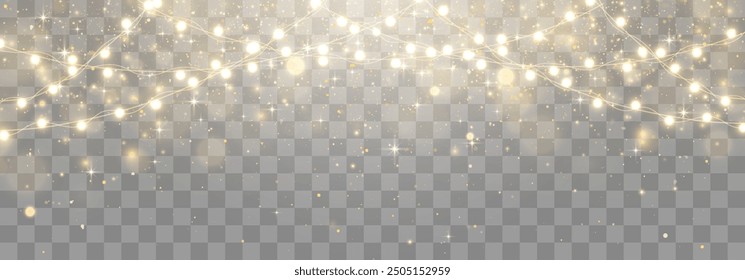 Navidades luces bombillas, guirnaldas brillantes cadena. Luces de fiesta de Año Nuevo, decoraciones navideñas. Elemento de temporada de vacaciones de invierno. Ilustración vectorial aislada en png