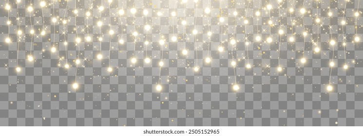 Christmas lights bulbs, glowing garlands string. New Year's party lights, holiday decorations. Winter holiday season element. Vector illustration isolated on png