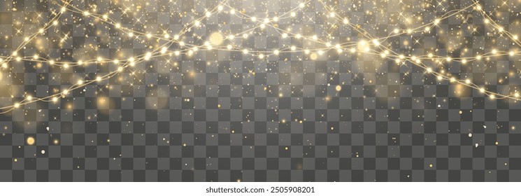 Christmas lights bulbs, glowing garlands string. New Year's party lights, holiday decorations. Winter holiday season element. Vector illustration isolated on png