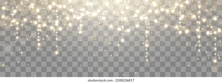 Christmas lights bulbs, glowing garlands string. New Year's party lights, holiday decorations. Winter holiday season element. Vector illustration isolated on png