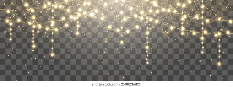 Christmas lights bulbs, glowing garlands string. New Year's party lights, holiday decorations. Winter holiday season element. Vector illustration isolated on png