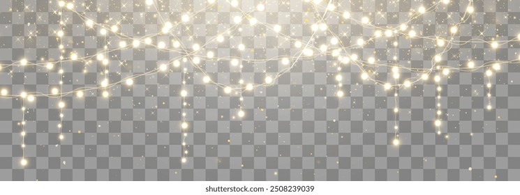Christmas lights bulbs, glowing garlands string. New Year's party lights, holiday decorations. Winter holiday season element. Vector illustration isolated on png