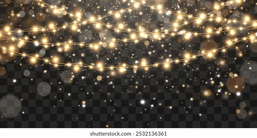 Christmas lights bulbs, glowing garlands string. New Year's party lights, holiday decorations. Winter holiday season element. Vector illustration isolated on png