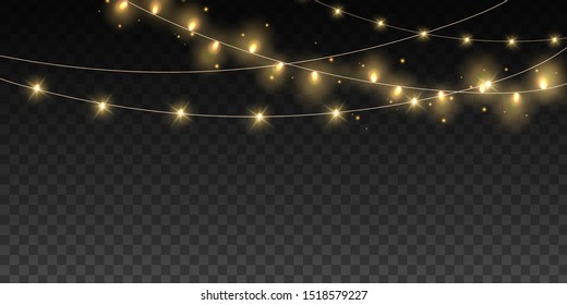 Christmas lights bulbs isolated. Glowing golden Christmas Party hanging lamp garlands string for Xmas Holiday cards, banners, posters, web design. Magic night lights vector design element. 