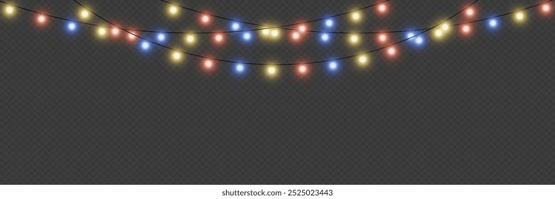 Christmas lights and bulbs. New Year's garland of light. On a transparent background.