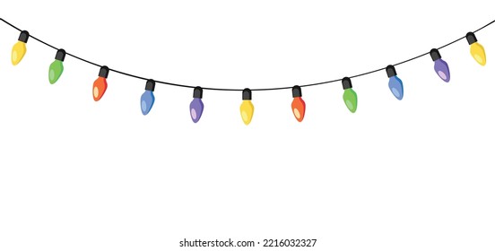 Luces navideñas para tarjetas, carteles, diseño web. Bombillas de vidrio aisladas sobre fondo blanco. Decoración de navidad colorida y festiva.Material vectorial