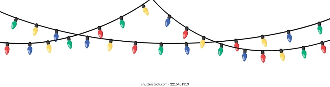 Christmas lights for cards, banners, web design. Garland light bulbs isolated on white background. Colorful holiday festive christmas decoration.Vector stock