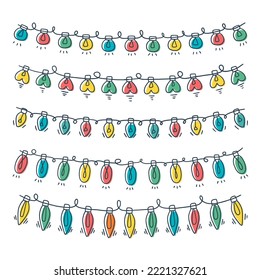 Colección de luces de Navidad dibujada a mano, ilustración vectorial. Estilo de dibujos a mano de dibujos animados