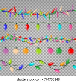 Christmas Lights Colored Garlands Vector. Flat Light Bulbs Collection. Various Lengths. Isolated On Transparent Background Illustration
