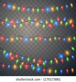 Christmas Lights. Colorful Bright Xmas Garland. Vector Red, Yellow, Blue And Green Glow Light Bulbs On Wire Strings Isolated.