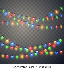 Christmas lights. Colorful bright Xmas garland. Vector glow light bulbs on wire strings. Vector template