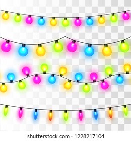 Christmas lights. Colorful bright Xmas garland. Vector red, yellow, blue and green glow light bulbs on wire strings. Festive vector template