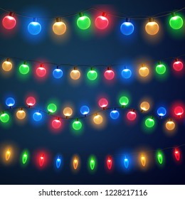 Christmas lights. Colorful bright Xmas garland. Vector red, yellow, blue and green glow light bulbs on wire strings. Festive vector template