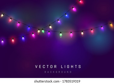 Christmas lights. Colorful bright Xmas garland.  Colors garlands, red, yellow, blue and green glow light bulbs. Neon illuminated leds on transparent background. Vector illustration 