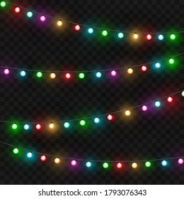 Christmas lights. Colorful bright Xmas garland. Colors garlands, red, yellow, blue and green glow light bulbs. Neon illuminated leds on transparent background. Vector illustration 