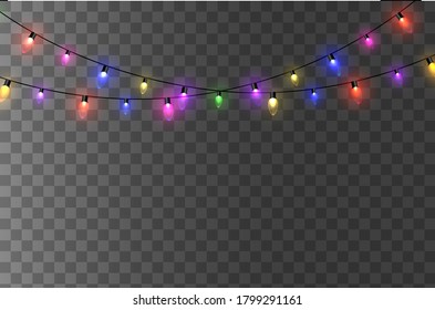 Christmas lights. Colorful bright Xmas garland.  Colors garlands, red, yellow, blue and green glow light bulbs. Neon illuminated leds on transparent background. Vector illustration 