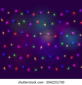 Christmas lights. Colorful bright Xmas garland.  Colors garlands, red, yellow, blue and green glow light bulbs. Neon illuminated leds on transparent background. Vector illustration 