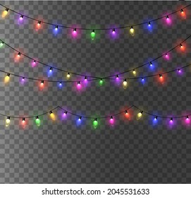 Christmas lights. Colorful bright Xmas garland.  Colors garlands, red, yellow, blue and green glow light bulbs. Neon illuminated leds on transparent background. Vector illustration 