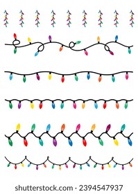 Christmas lights. Colorful garland. Set of Christmas light strings. Christmas light bulbs for decoration .Christmas garland seamless border.	