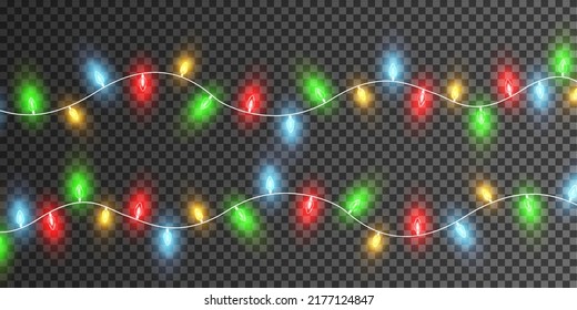 Christmas lights. Colorful Christmas garlands. Vector red, yellow, blue and green glow light bulbs on wires isolated.