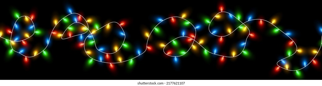 Christmas lights. Colorful Christmas garlands. Vector red, yellow, blue and green glow light bulbs on wires isolated.