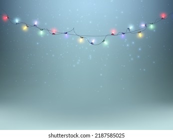 Christmas lights. Colorful glowing garlands. Vector bright, multi-colored flickering light bulbs on wires. Vector PNG